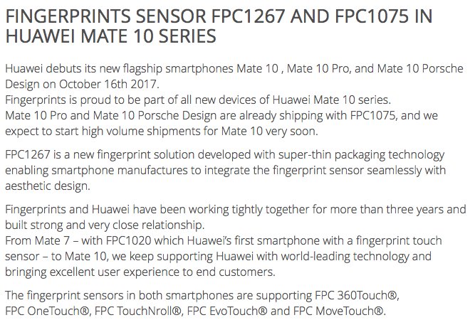 materiel's tweet photo. #Fingerprints #sensor #FPC1267 (new solution) in Mate 10 & #FPC1075 in Huawei Mate 10 Pro & Porsche Design. #HuaweiMate10 #HuaweiMate10Pro https://t.co/xWD7p06Qy2