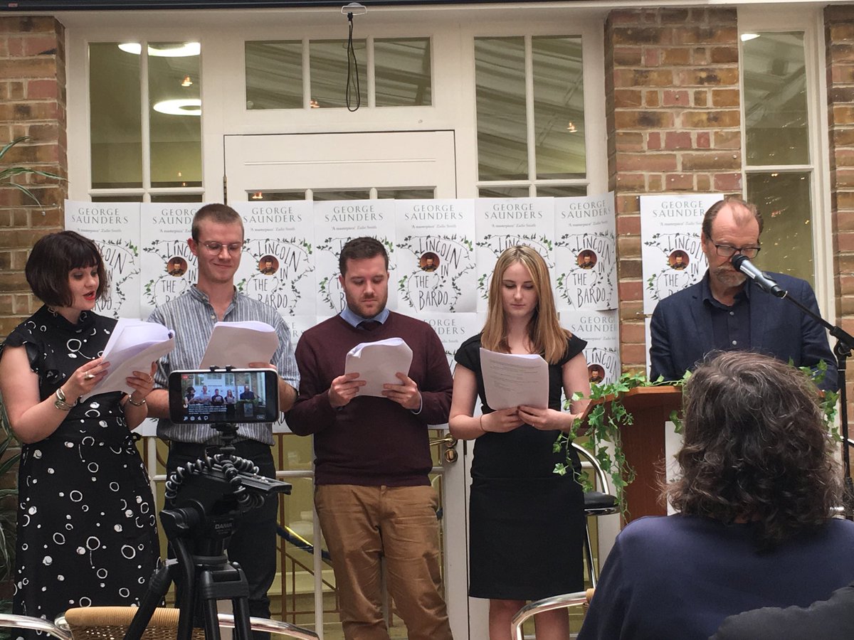 AlexandraPring's tweet photo. George Saunders & The Bloomsberries reading from #LincolnintheBardo on the eve of @ManBookerPrize @BloomsburyInst @BloomsburyBooks https://t.co/EVrbvLRABG
