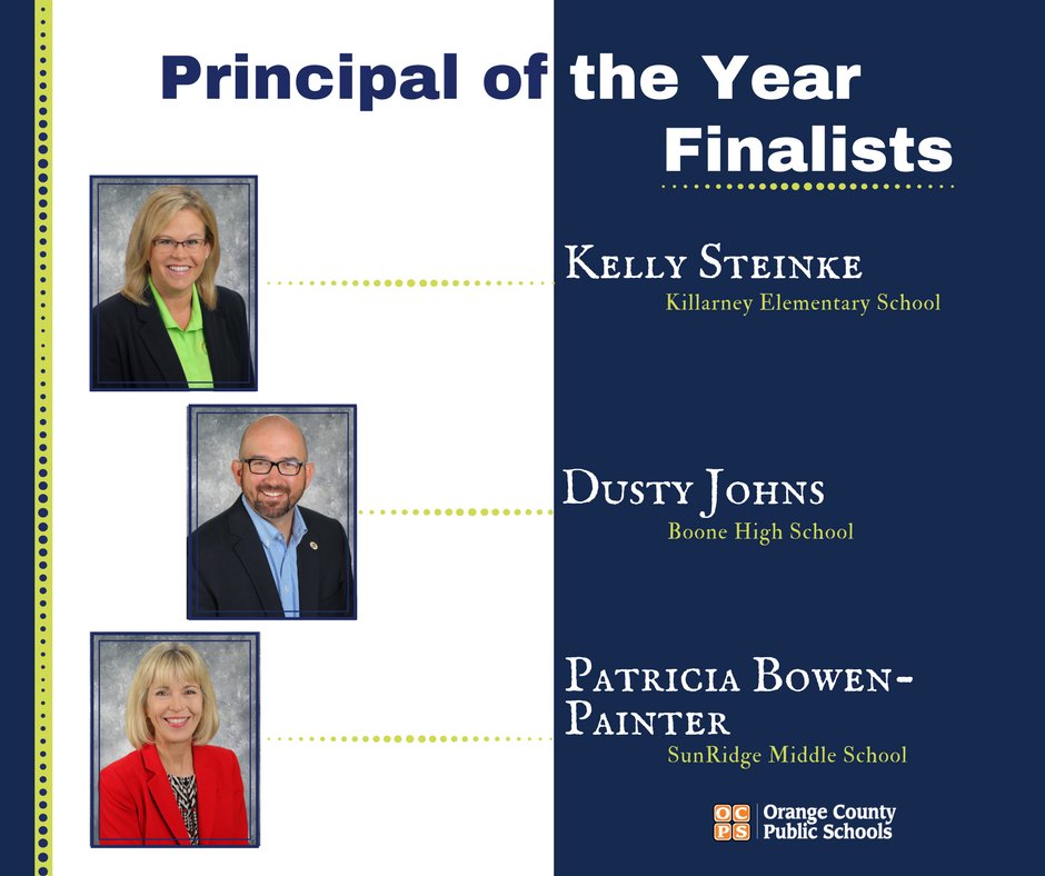 OCPSnews's tweet photo. Principal of the Year finalists: Patricia Bowen-Painter of SunRidge Middle, Dusty Johns of Boone HS &amp; Kelly Steinke of Killarney Elem. 🙌🎉💯 https://t.co/SgVX1PYFTD