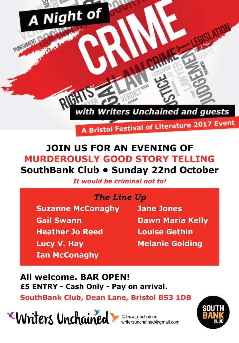 Join us to hear some murderously good stories on Sunday evening <a href="/SouthBank_Club/">SouthBank Club</a> part of <a href="/BristolLitFest/">Bristol Lit Fest</a> It would be criminal not to!
