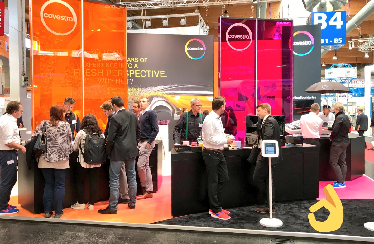 covestro's tweet photo. A #SampleBar filled with hands-on materials will attract many curious people. It's a busy first day of #Fakuma for the Covestro experts. https://t.co/VYzyLs0ujc