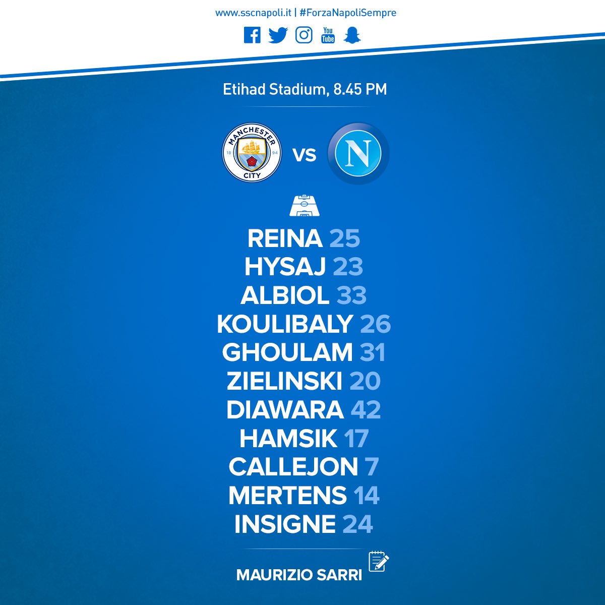 SSCNINDONESIA's tweet photo. Official lineup #ManCityNapoli 
Sarri tetap memprioritaskan Scudetto dilihat dari starting XI nya. Hemmm https://t.co/rlxCwqgOTU