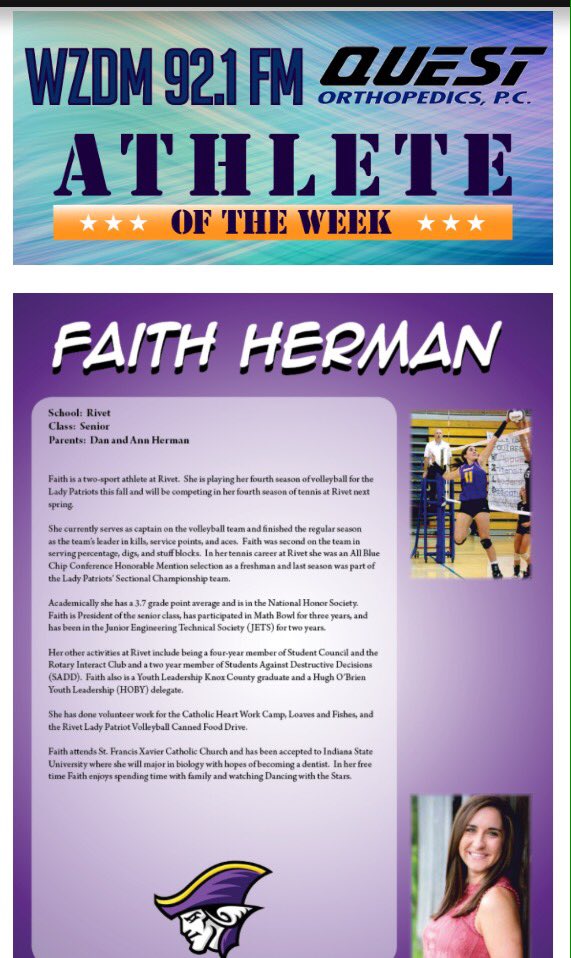 vbcoachb's tweet photo. Congratulations to Rivet's Faith Herman - WZDM Athlete of the Week! #RLPV #🏐🏐🏐 https://t.co/xi0ew83XBm https://t.co/cRM2jvCu8N