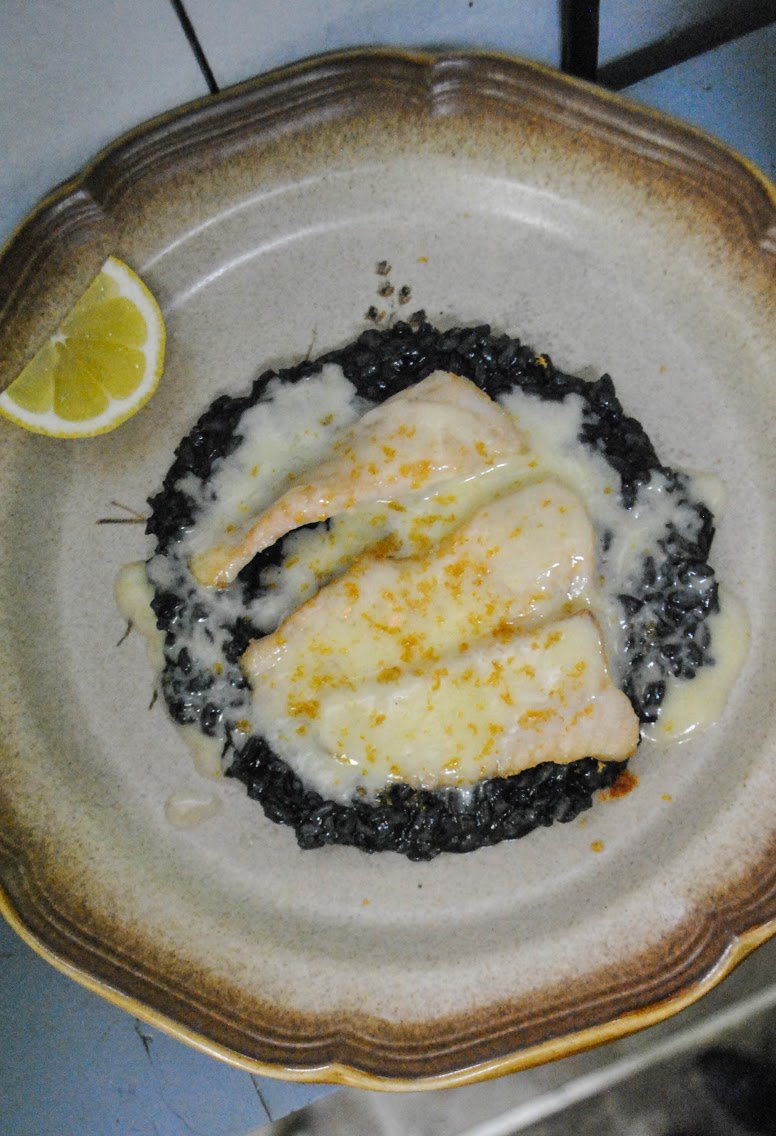 New to the menu: White fish on squid ink risotto!