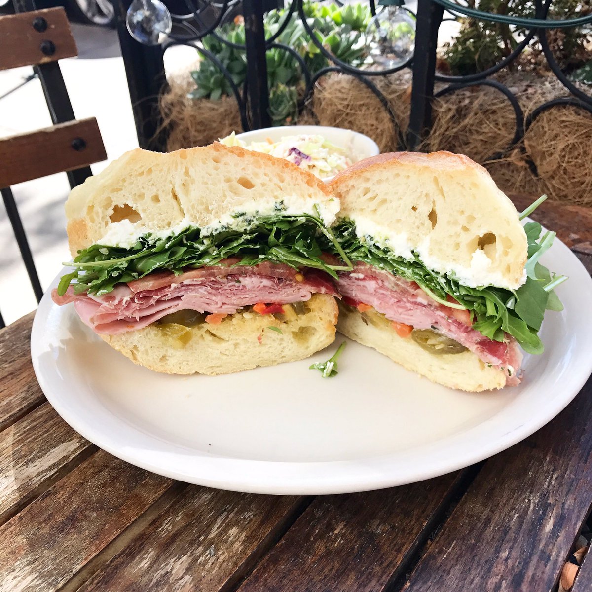 "Godfather" sandwich special is #notvegan- Ham, Prosciutto, Coppa, Salami, Arugula, Tomato, Roasted Red Peppers, Pesto Burrata, Giardinera.