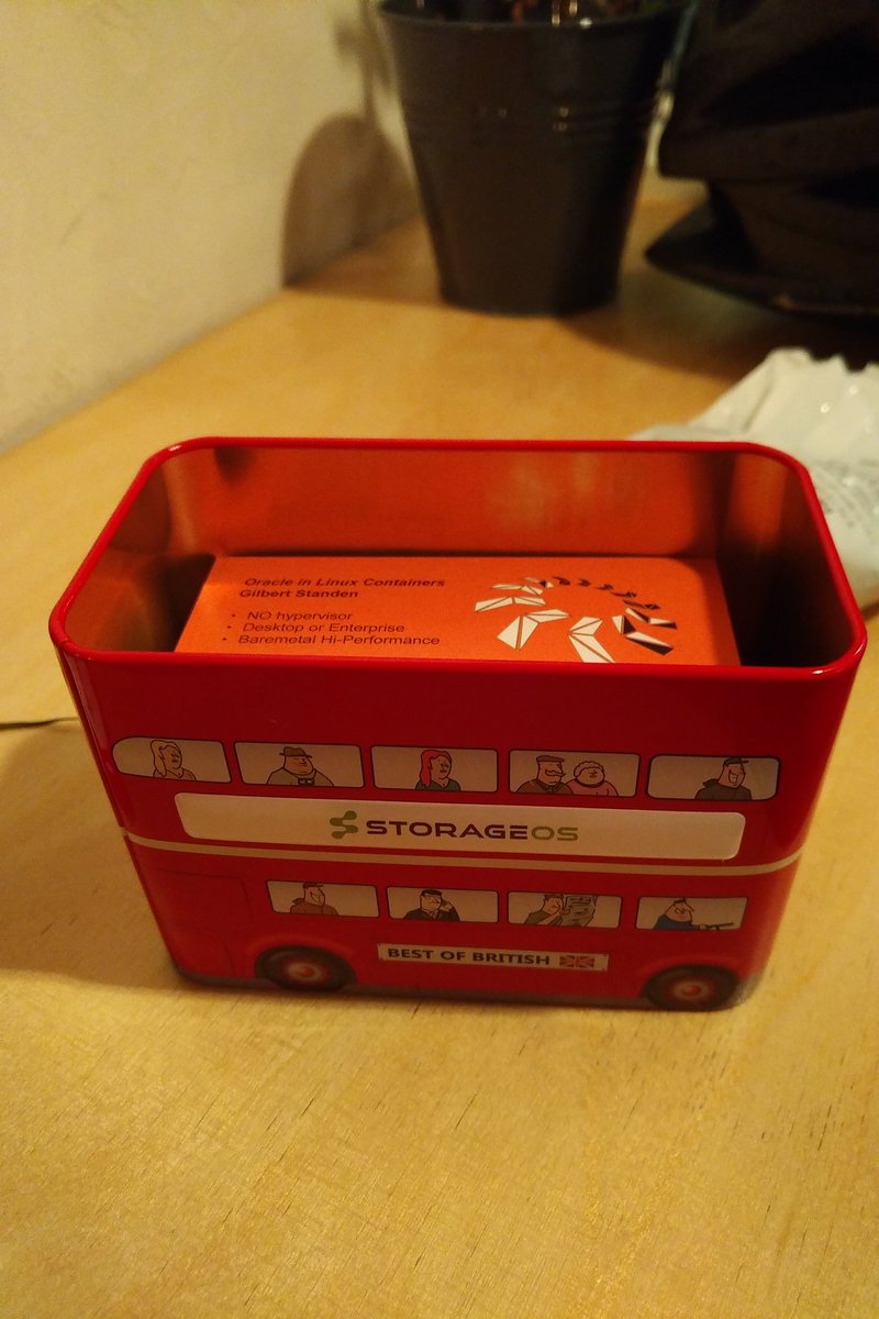 LXC4Oracle's tweet photo. #storageos double-decker London bus can is very handy for carrying a couple hundred business cards. #DockerCon #Docker https://t.co/06nkf82bAB