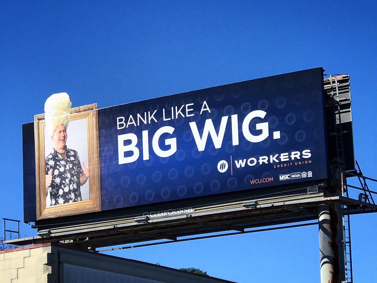 workerscu's tweet photo. Well, would you look at that, our BIG WIG billboard is up! What do you think?! #banklikeabigwig #banklocal #bankingthatworks #bigwig https://t.co/09kdsnhITJ