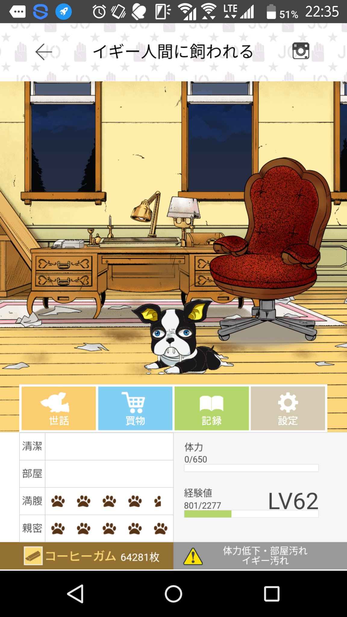 ダチコー イギーが初期顔になる条件は 体力と清潔がゼロになることっぽいですね 風呂に入れたら戻りました 親密 満腹は無関係 部屋もたぶ無関係 イギー人間に飼われる ジョジョ