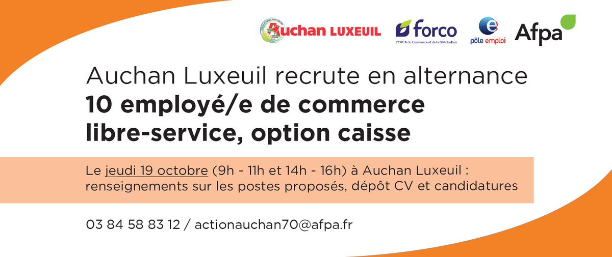 AFPA_BFC's tweet image. Auchan #Luxeuil recrute en #alternance : infos et dépôt de candidatures ce JEUDI 19/10 #forco #poleemploi #auchan #emploi #formation