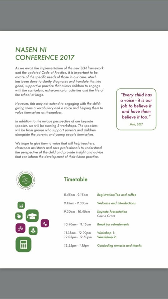 Not long left until our conference on Saturday! Autism workshop full! Shaping up to be an exciting day of shared practice!
#NASENNI 
#Conf17