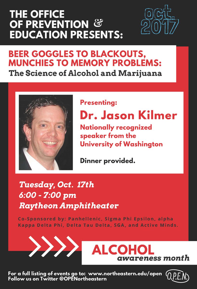 TONIGHT: The science of alcohol &amp; marijuana with Jason Kilmer! bit.ly/2y04YWg <a href="/NortheasternSGA/">Northeastern Student Government Association (SGA)</a> <a href="/ActiveMindsatNU/">Active Minds at NU</a> <a href="/NUStudentLife/">NU Student Life</a> #AAM