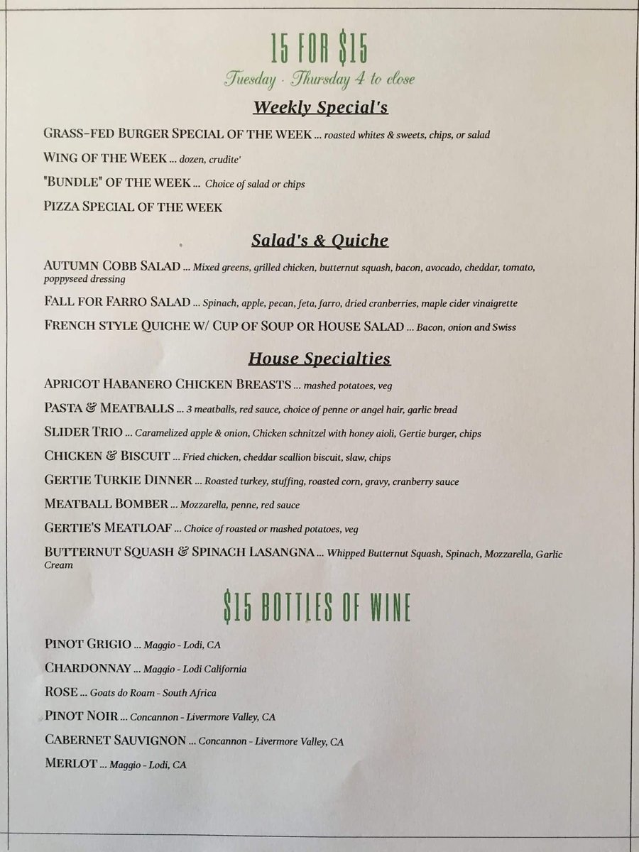 gertiesclarence's tweet photo. Have you tried our 15 for $15 Menu? If not, come see us Tuesday-Thursday 4pm to close through Fall! #gertiesclarence #buffalo #ClarenceCenter #restaurants #food #dinner https://t.co/5FOBWbsYpi