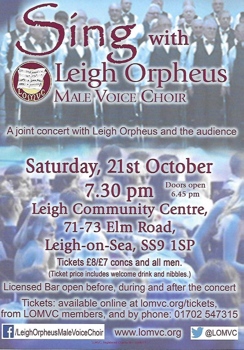 LOMVC's tweet photo. Saturday, 21st Oct. A joint concert with the Leigh Orpheus and the Audience! A free welcome drink from the licensed bar. What's not to like? https://t.co/3aHWsQVxw3