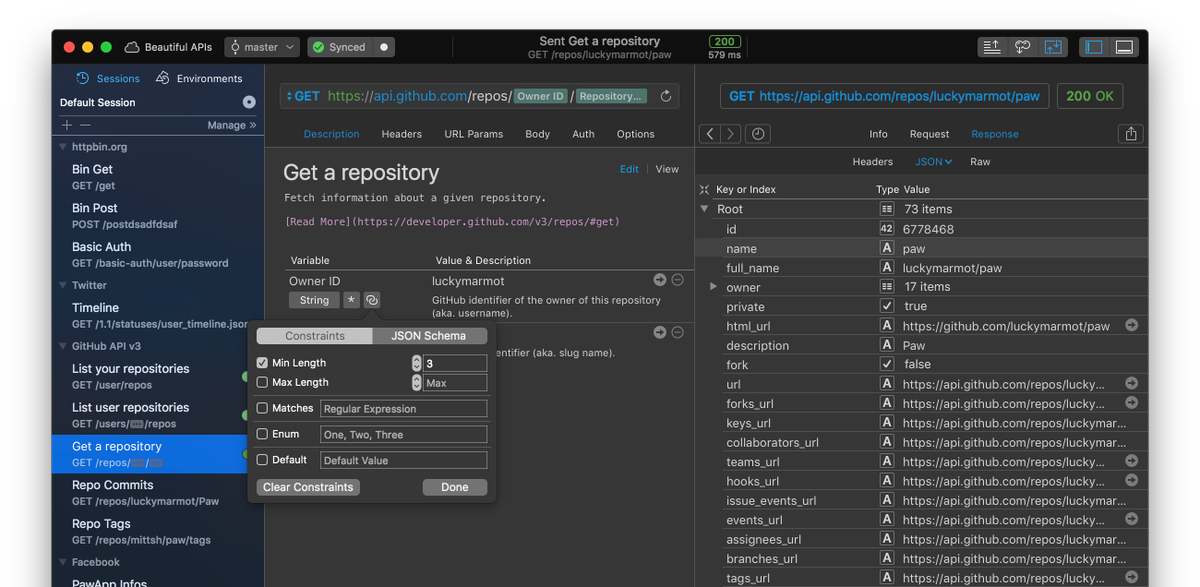 اكثر تطبيق HTTP Client اعجبني على الماك هو PAW
استخدمه صارلي ٥ اشهر في اختبار وتجربة الـ APIs 
paw.cloud