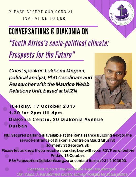 AmandaJAdams2's tweet photo. "State capture and Zuma' disloyalty, the tsumani" says south africa socio-political climate analyst.  Conversations@Diakonia https://t.co/mhgMBb3iUh