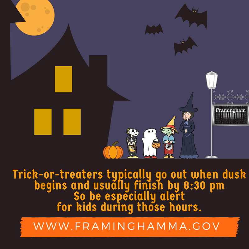 Framingham_MA's tweet photo. Trick-or-treaters typically go out when dusk begins &amp; usually finish by 8:30pm. Be alert for kids during those hours on #Halloween. 🎃 https://t.co/dhVh641z0O