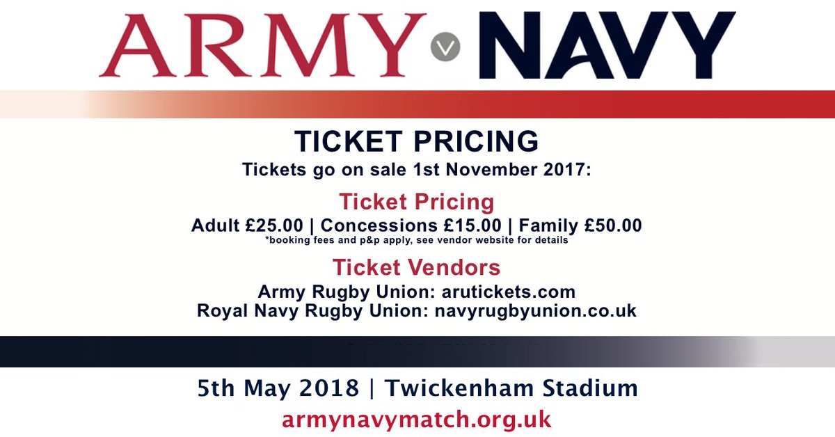 ArmyvNavyRugby's tweet photo. Tickets for the @armyrugbyunion v @RNRugby match will go on sale on the 1st November 2017 🏉 #ArmyNavyRugby https://t.co/Fpwiw5lH1Z