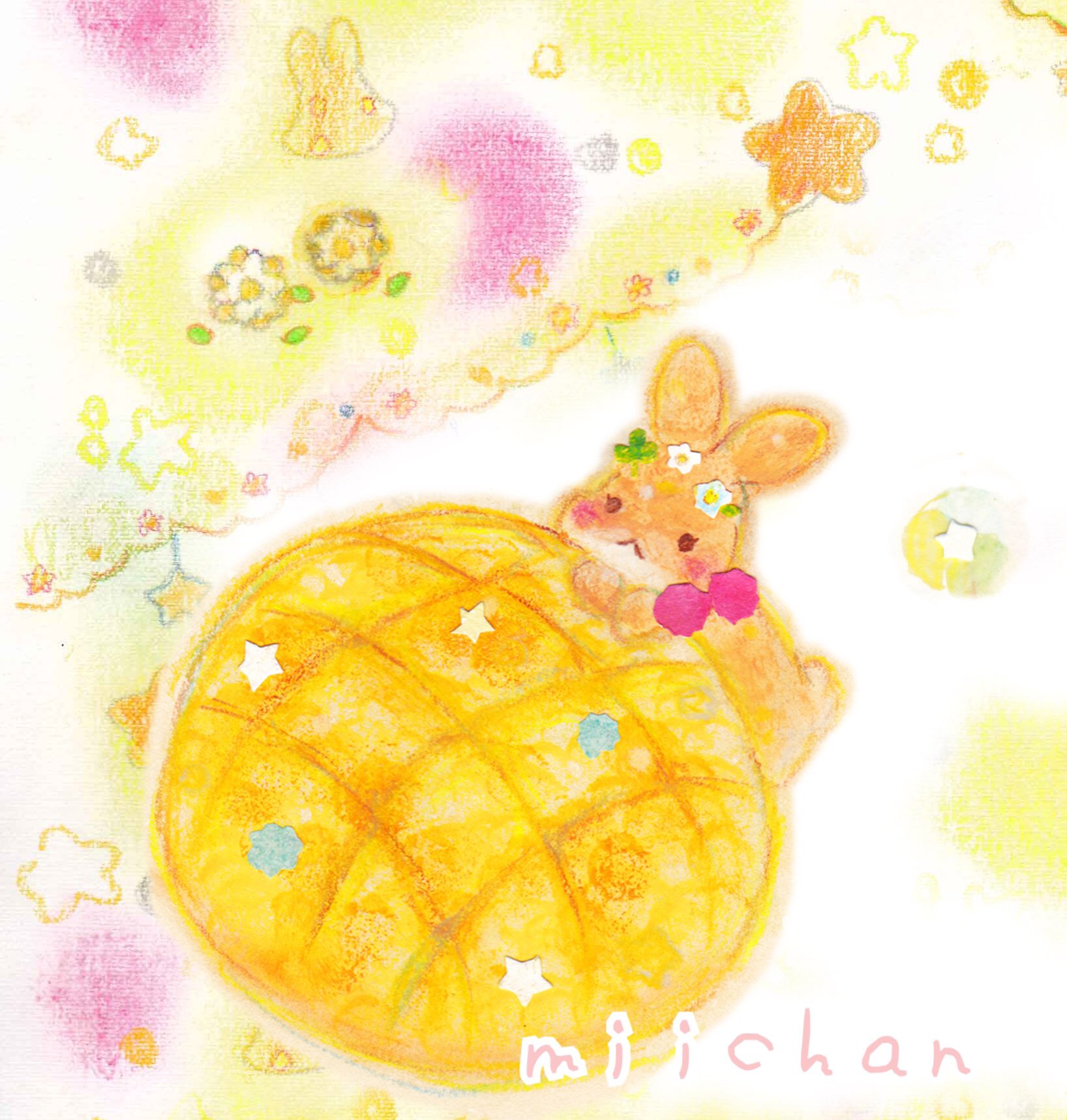 みーちゃんわーるど Twitterren ふわふわ さくさく ふんわりいい香り イラスト Illustration うさぎ パン メロンパン 動物 ふわふわ 水彩 T Co Fgzyrhmyil Twitter