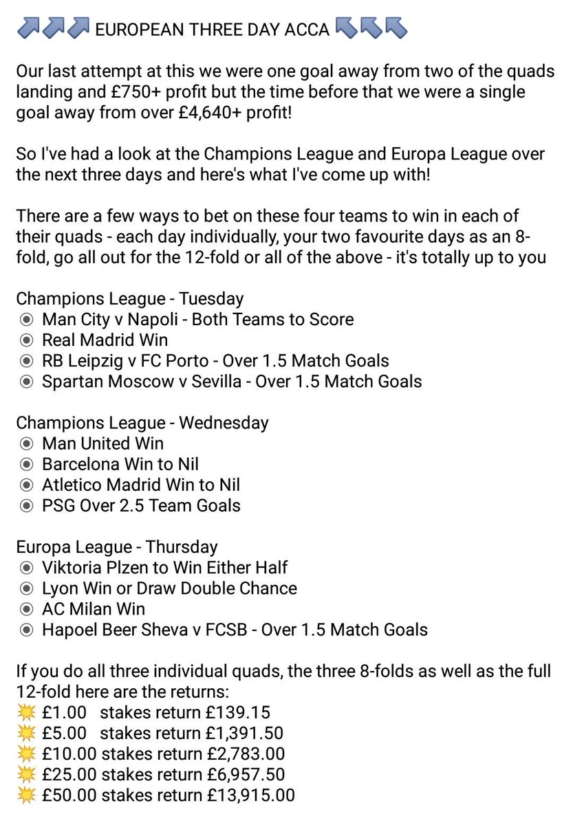 FFT_Tips's tweet image. 💥 #UCL &amp;amp; #UEL ACCA 💥

⬇Back it here
💷bit.ly/FFT_NewBet
⬇Auto-Cashout here
💷bit.ly/Bet365_CashOut

❤ &amp;amp; RETWEET if you're on this 💣