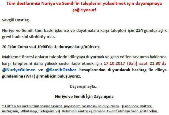 Bu akşam 21:30'da <a href="/NuriyeGulmen/">Nuriye Gülmen</a> ve <a href="/SemihOzakca/">Semih Özakça</a>  hesaplarından duyurulacak hashtaglerle WTT sıralaması için sosyal medya eylemi çağrısı var.