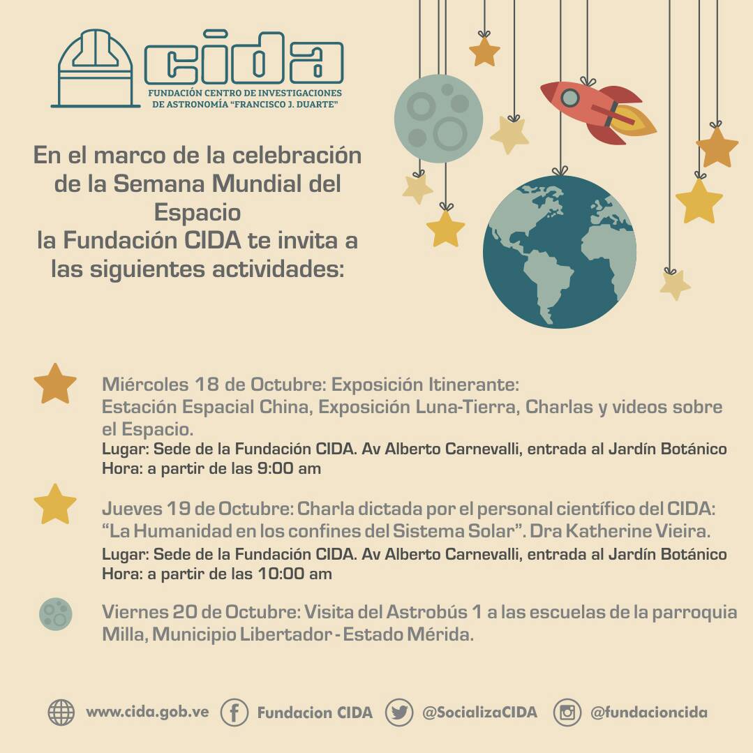 psuvcida's tweet photo. El #Cida celebra #SemanaMundialdelEspacio en Merida Asiste! @SocializaCIDA .@VTVcanal8 .@la_iguanatv .@correoorinoco .@Mppeuct .@hugbelpsuv https://t.co/AjEYMeHY0O