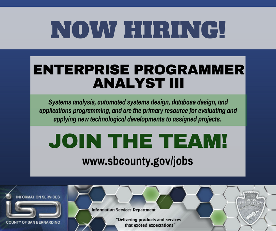 sbcountycareers's tweet image. #NowHiring for Enterprise #ProgrammerAnalyst III! #ApplyNow & #JoinTheTeam! #systemsanalysis #IT #automatedsystems sbcounty.gov/jobs