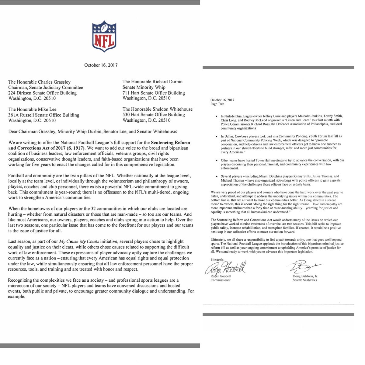 AdamSchefter's tweet photo. Seahawks WR Doug Baldwin Jr. and NFL Commissioner Roger Goodell send this letter to Senate Judiciary Committee: https://t.co/CkfZdlYqzm