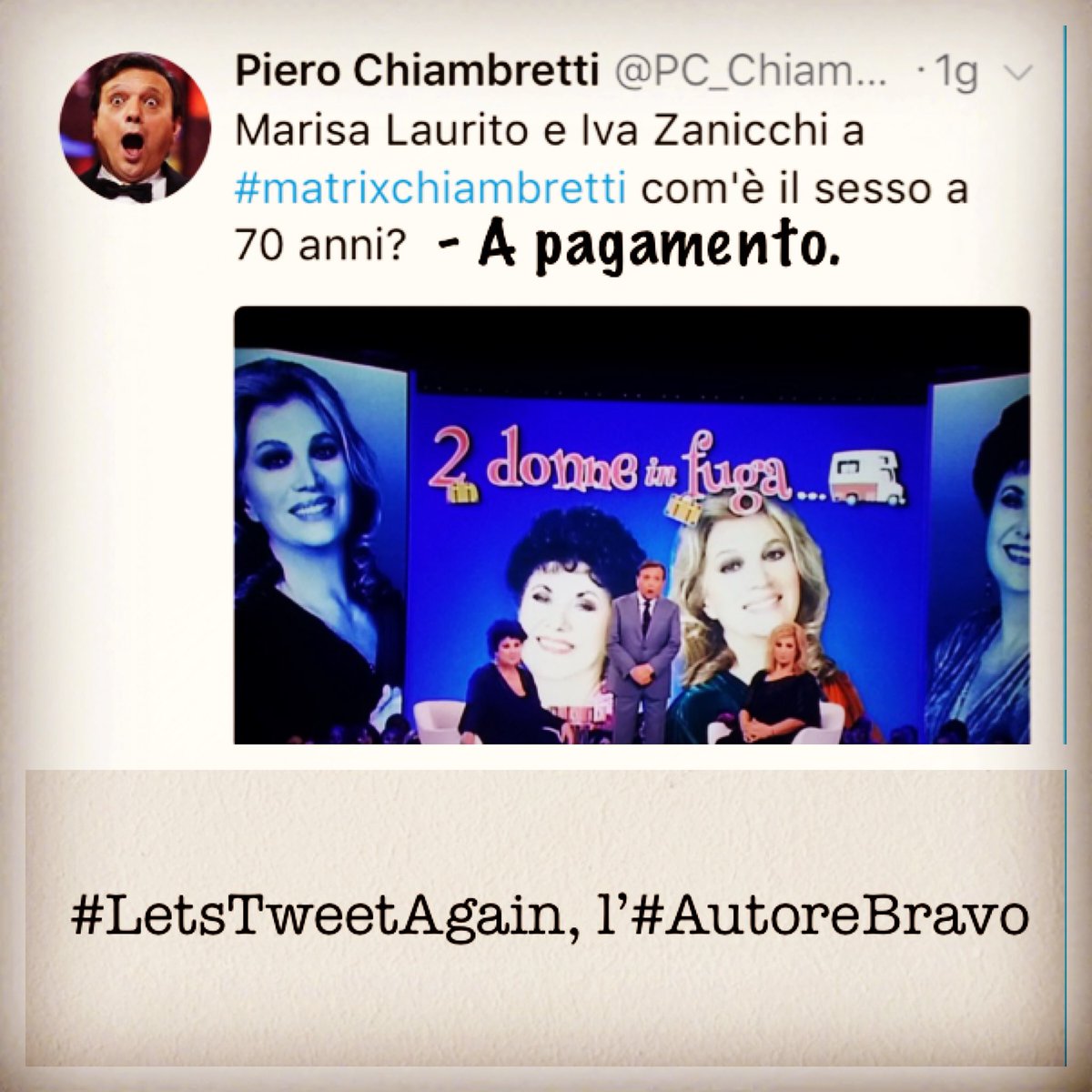 riccardocassini's tweet photo. #LetsTweetAgain, l’#AutoreBravo
#Chiambretti, #Laurito, #Zanicchi https://t.co/0nZ1Dgcg23