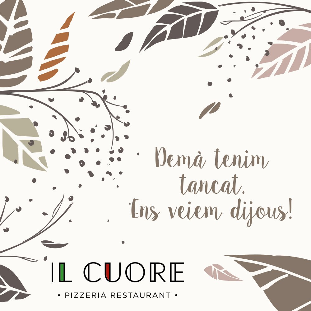 ILCUOREREUS's tweet photo. Demà tanquem per descans setmanal. Ens veiem dijous!💪😜  #IlCuore https://t.co/YJzrLptQwX