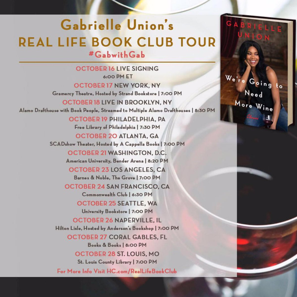 spinesvines's tweet photo. Book title couldn't be more perfect &amp; Real Life Book Club tour will be epic @itsgabrielleu #WereGonnaNeedMoreWine #GabwithGab #spinesvines https://t.co/CT4vjoo5pp