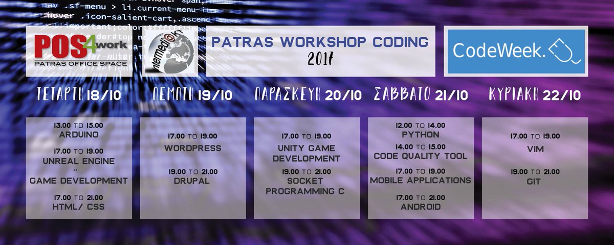 InterMediaKT's tweet image. Ελάτε να γιορτάσουμε μαζί την Ευρωπαϊκή Εβδομάδα Προγραμματισμού!
Αναλυτικό πρόγραμμα: goo.gl/xGVYdW #codeweek2017 #coding #patras