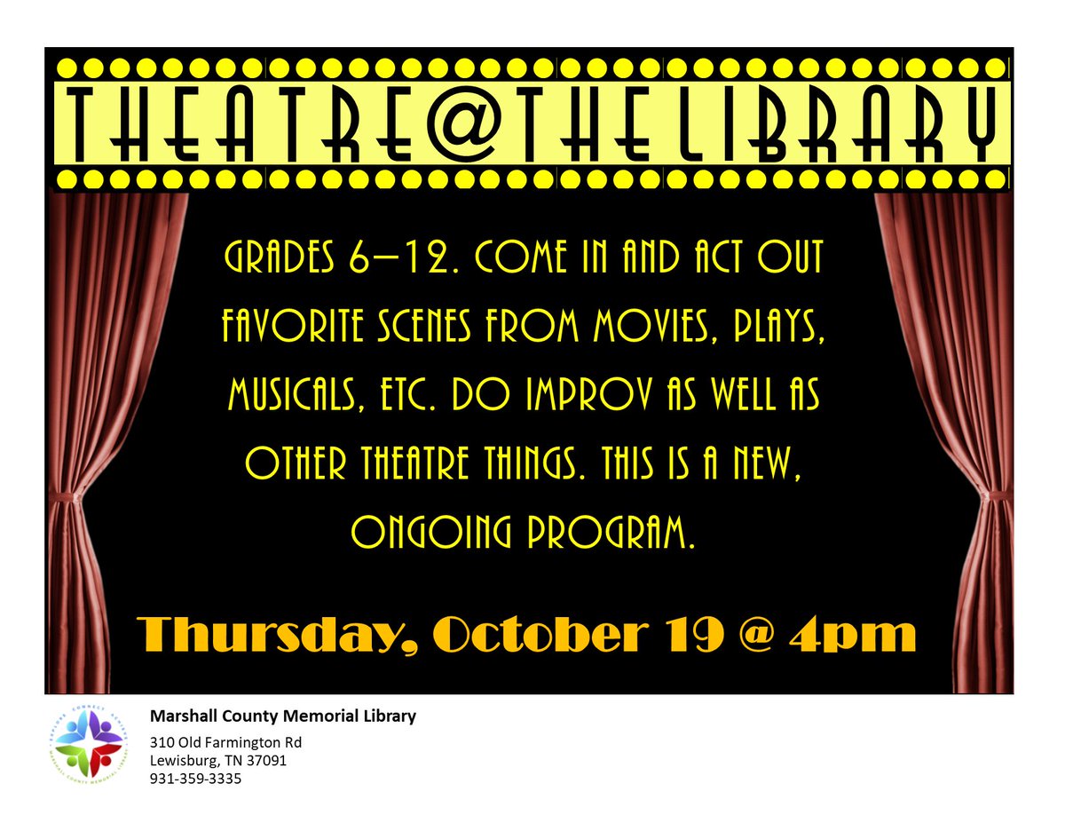 MCMLIB_TN's tweet photo. Theatre @ the Library-- a new monthly program starts this week. For all theatre loving teens and tweens. https://t.co/Y6mw89auGP
