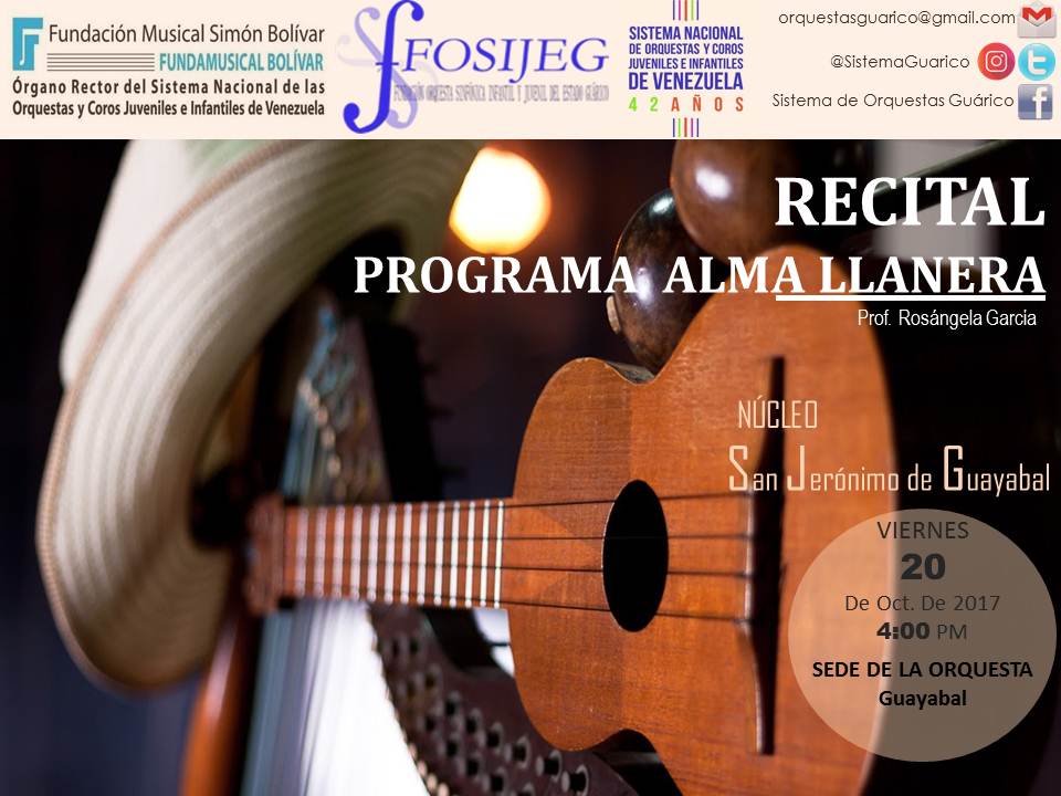 SistemaGuarico's tweet photo. Recital por cátedra del #ProgramaAlmaLlanera en el Núcleo Guayabal / #20Oct a las 4PM en la sede de la Orquesta. ¡TE ESPERAMOS! 💙 #Gratuito https://t.co/KMtJNyaKPr