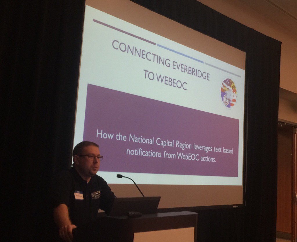 EMTECHSUMMIT's tweet photo. Paul Lupe w/ Fairfax County presents on how they use @everbridge to send automated alerts based on updates in WebEOC https://t.co/PsVFS0O3VH