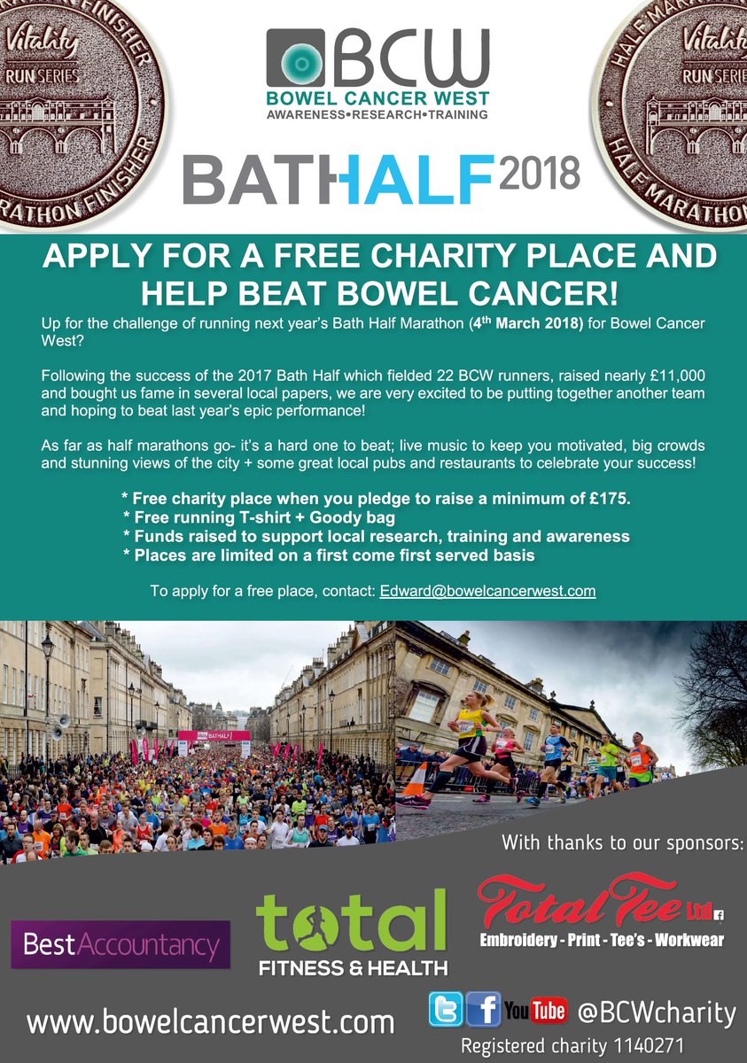 Join @BCWcharity at the 2018 @bathhalfRun. Free entry, small fundraising target! #bowelcancerawareness #supportlocalcharity
