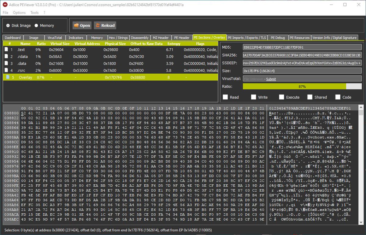 AdliceSoftware's tweet photo. This sample has a #RAR archive in the #Overlay. #Adice #PEViewer shows it in many ways: BinImage/Sections. Download: https://t.co/0B1mnkLABU https://t.co/GbDgGN3cS6