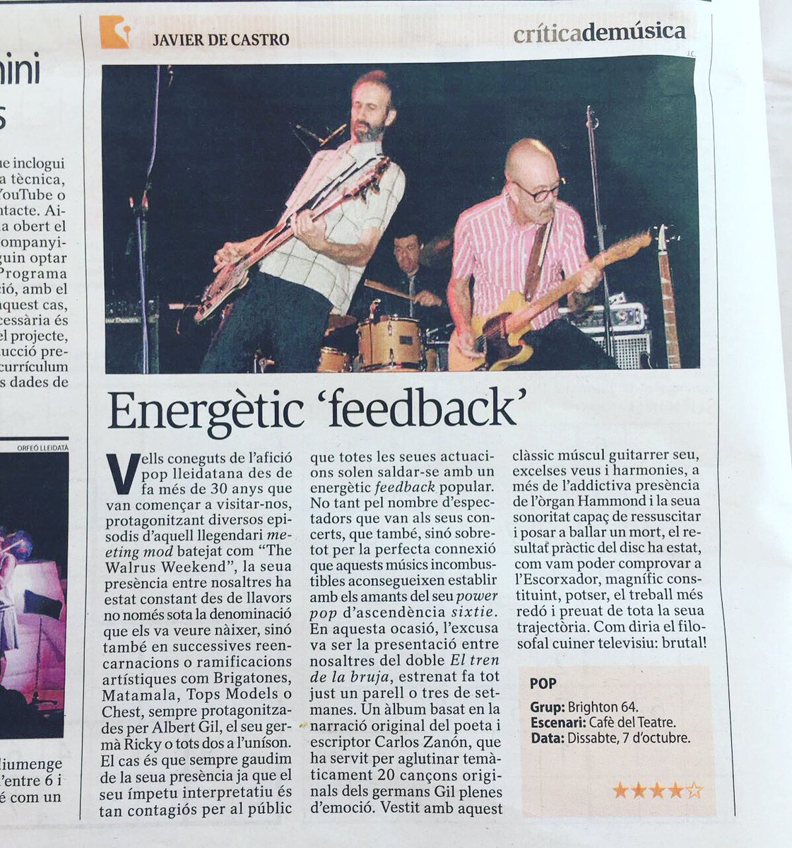 Brighton64bcn's tweet photo. Brighton 64 al diari El Segre, crítica de concert de Javier de Castro #brighton64 #lleida #elsegre https://t.co/5aXoLKiGzs