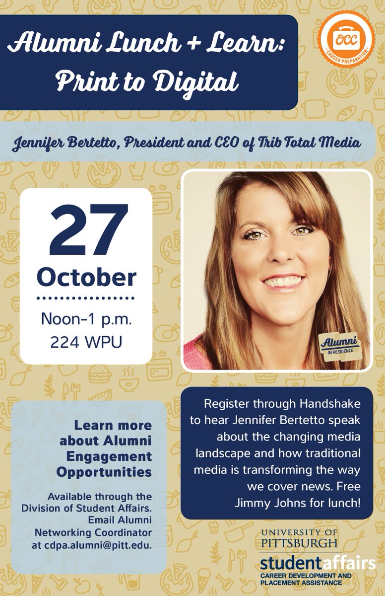 PittCareers's tweet image. Register for the October 27 Lunch &amp;amp; Learn with the President and CEO of @TribTotalMedia! Free Jimmy Johns 📄 pitt.joinhandshake.com/events/87970/s…