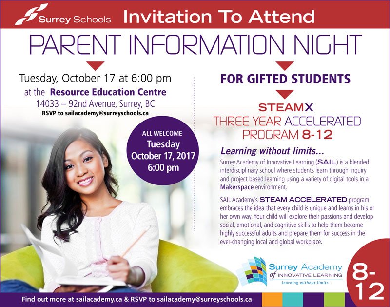 Surrey_Schools's tweet image. Reminder: Parent info session tonight (Oct. 17) about STEAMX pgm for gifted secondary students: sailacademy.ca/2017/10/steam-… #sd36learn #surreybc