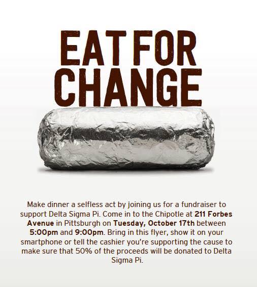 Craving Chipotle? Of course you are!! Stop by the Chipotle in Market Square between 5-9 to support Delta Sigma Pi!! 🌮🌮🌮
