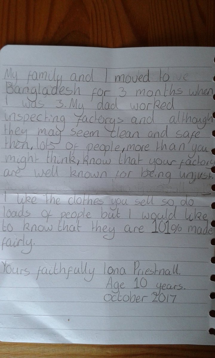 Primark.. My 10 year old wrote this today.  Answer her questions on treatment of workers #Primark #whomademyclothes #labourbehindthelabel