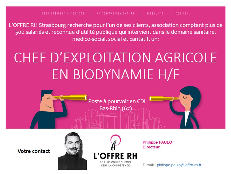 Offre_Rh's tweet photo. L'Offre RH Strasbourg recherche un CHEF D'EXPLOITATION AGRICOLE EN BIODYNAMIE H/F en CDI.
Plus d'information ici: https://t.co/ZjP8JJFwJN https://t.co/g3MoUBXvGP
