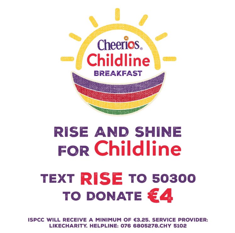 Please support Cheerios Childline this wk! Text RISE to 50300 to donate €4 to help <a href="/ISPCCChildline/">ISPCC</a> stay open 24/7 #RiseandShineforChildline