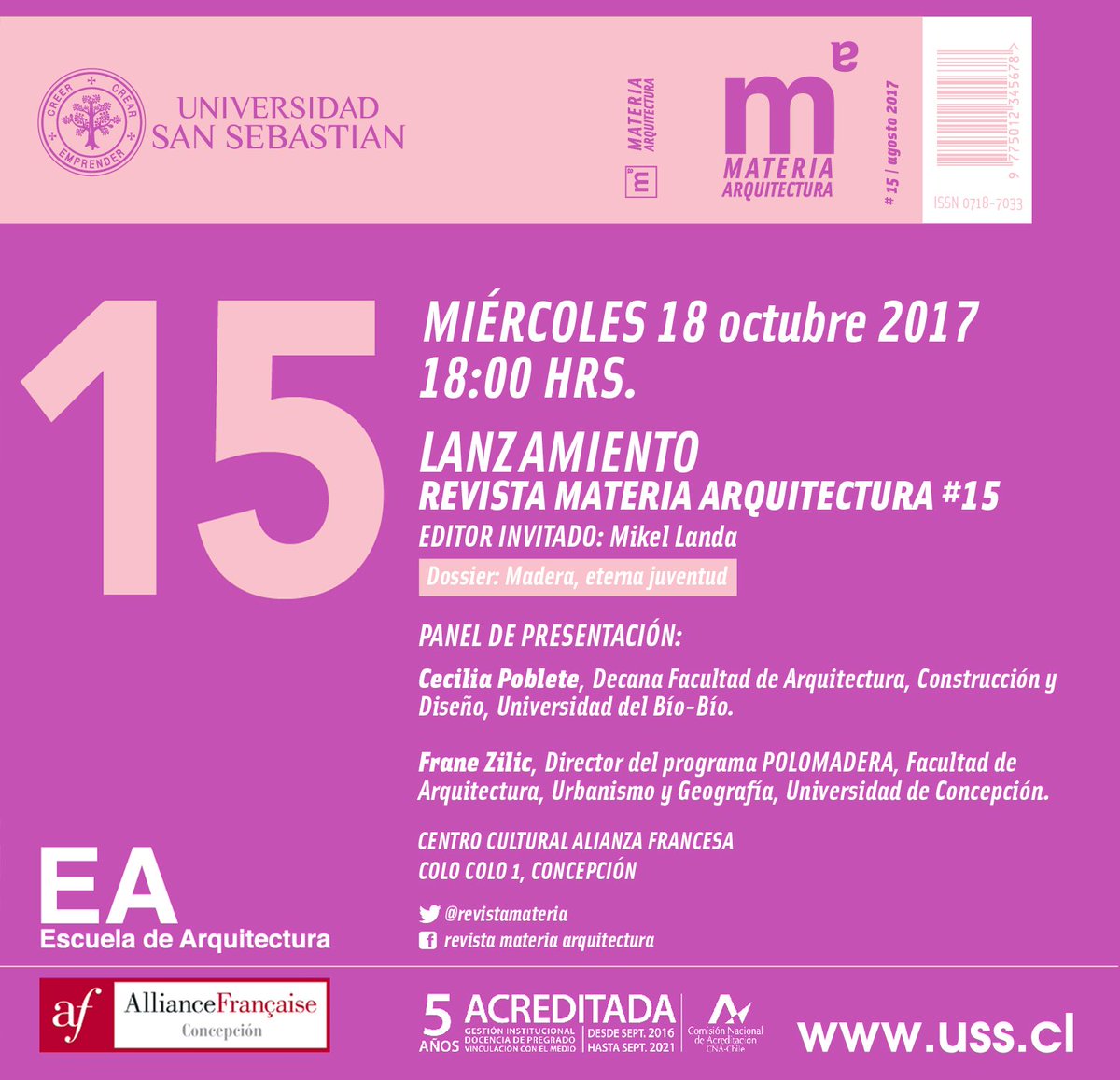 MAÑANA: LANZAMIENTO REVISTA <a href="/revistamateria/">Materia Arquitectura</a> #15. 
18.00h., Teatro Alianza Francesa @AlianzaCencult