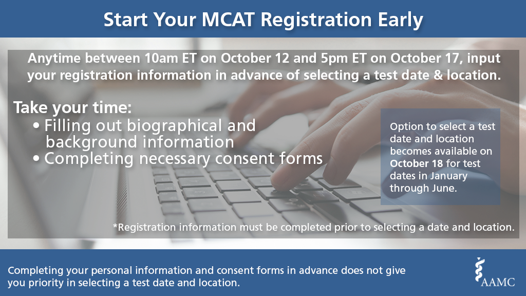 AAMC_MCAT's tweet image. Option  to start #MCAT reg process in adv closes 10/17 @  5PM ET. Sys will reopen tmrw,10/18. Time TBA day of: apps.aamc.org/mrs/