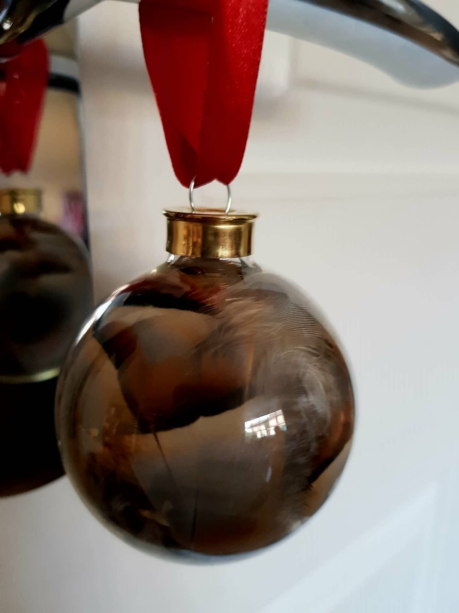 FieldCrafts's tweet photo. 60mm glass baubles with real feathers  Finished with a 28 gauge cartridge end £4.50 each plus postage #homemade #madewithlove #countrycraft https://t.co/XhbjBx9sdG