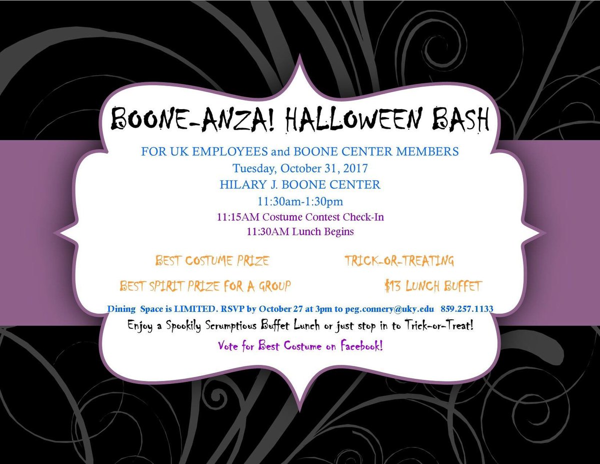 Next Club Event is BOONE-anza!  for UK Employees and Members!
10/31 ACTIVITIES FROM 11:30am - 1:30pm

SPOOKILY SCRUMPTIOUS LUNCH BUFFET!