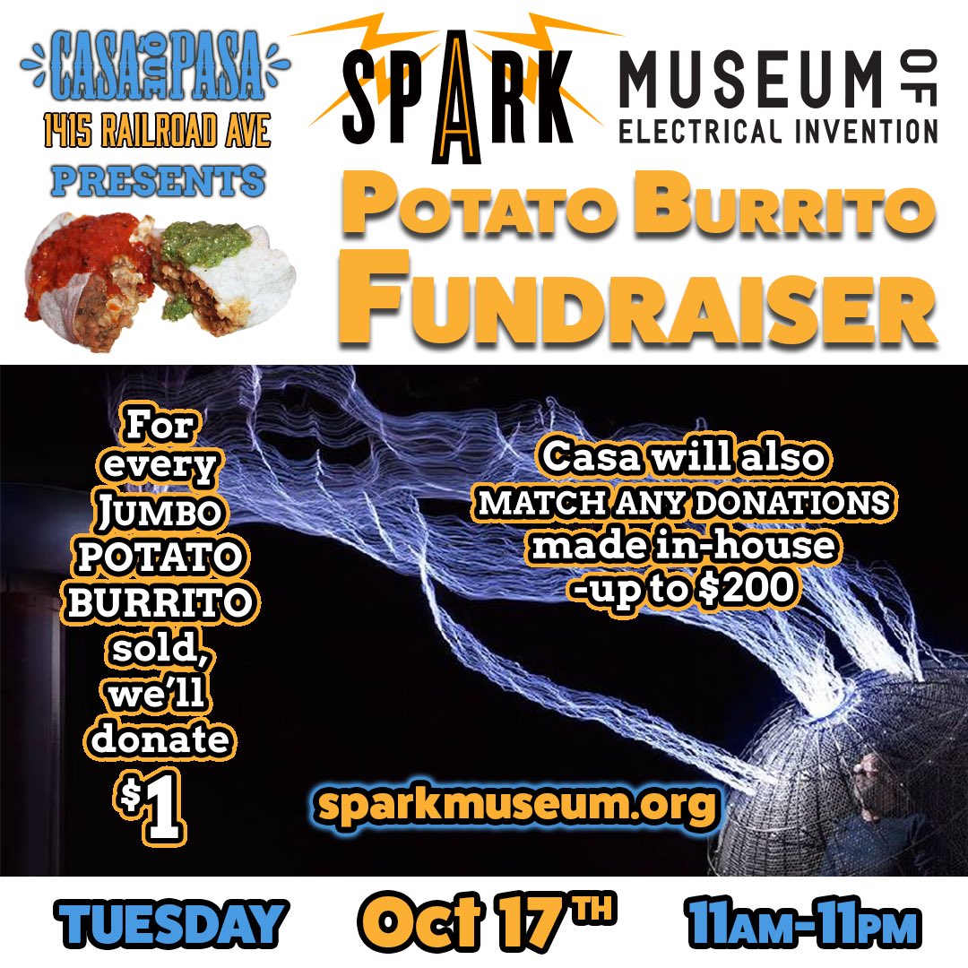 casaquepasa's tweet photo. Today's JPB Fundraiser supports Bham’s very own @sparkmuseumbham so recharge with a Potato Burrito and do the Electric Boogaloo! 🤤⚡️🌯 #lunch https://t.co/ES5zq77AvS