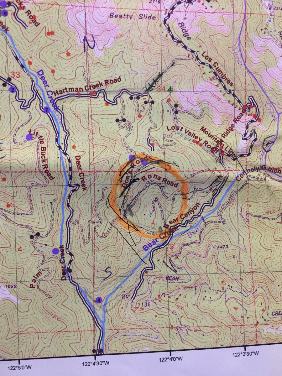 SantaCruzSO1's tweet image. **Bear Creek Fire** @ 9 am
The Fire is approx in the area circled below. Moving at a slow to moderate spread towards Lost Valley Rd.