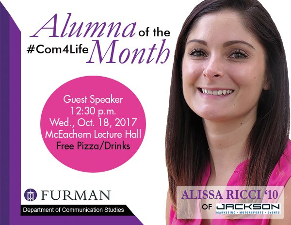 comfurman1's tweet photo. Alissa Ricci (10) will be Comm Studies' Alum of the Month inaugural speaker, 12:30, Oct. 18. #Com4Life #FurmanUniversity #JacksonMarketing https://t.co/3GY6IRA8i5